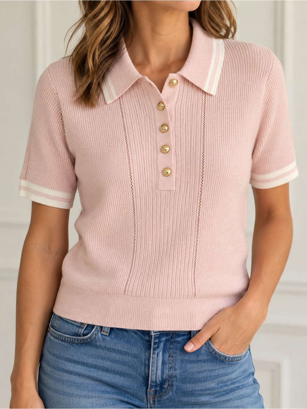 rag & bone Laurie Cotton Cashmere Polo Sweater Pink Gold Buttons M